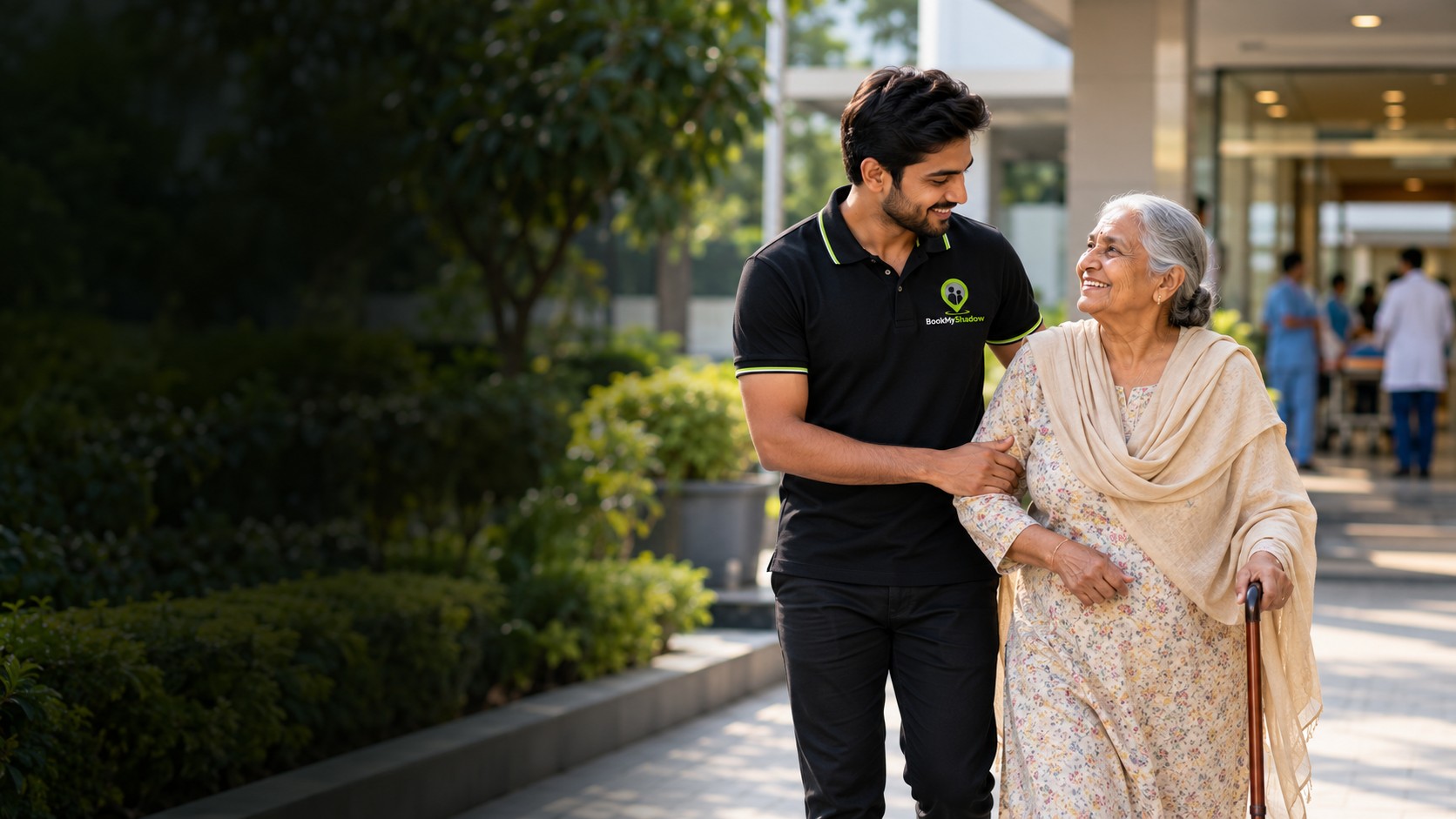 A Shadow Partner in uniform helping an older woman